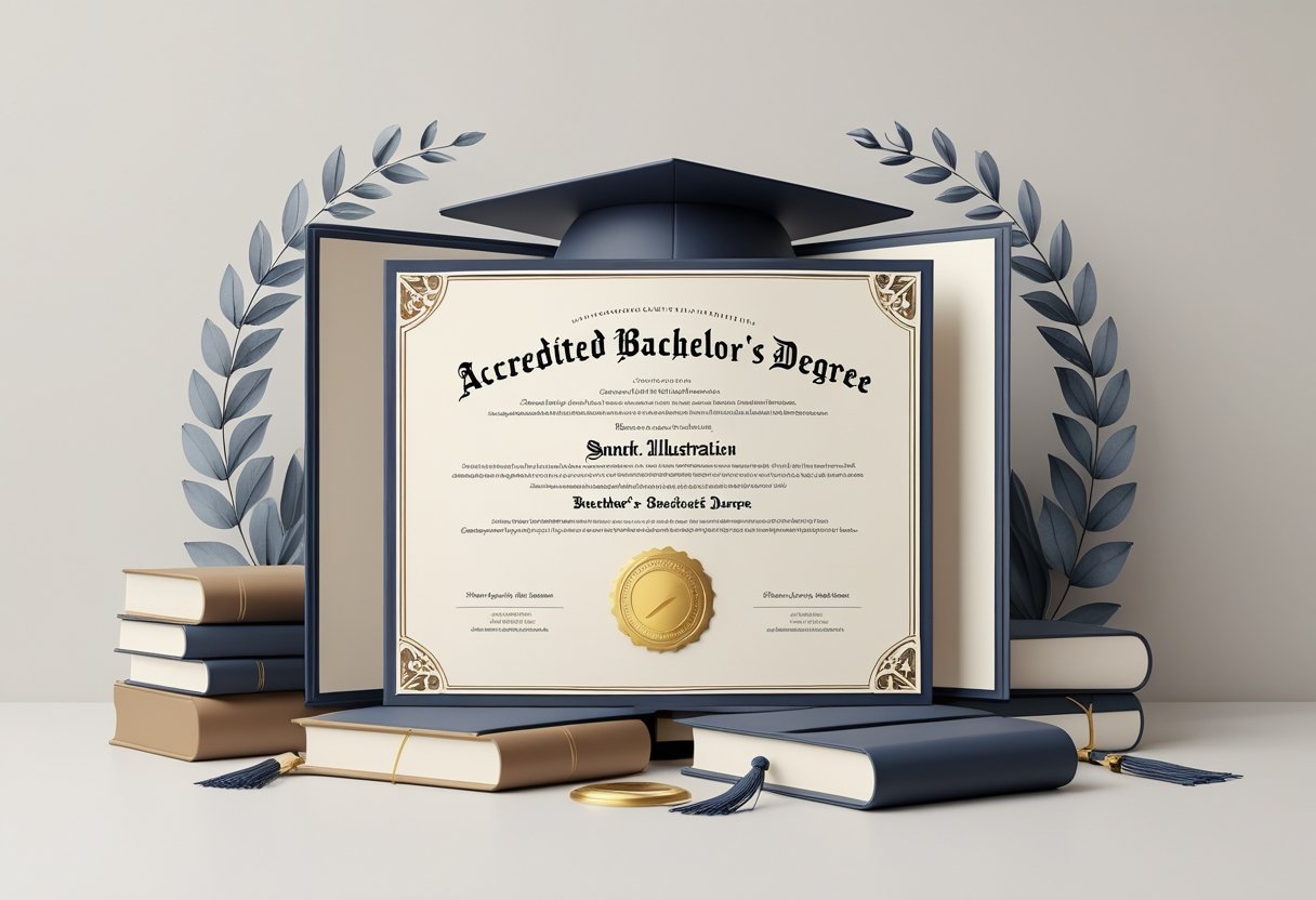 An open diploma with a gold seal, a graduation cap, books, and a laurel wreath arranged together symbolizing academic achievement.