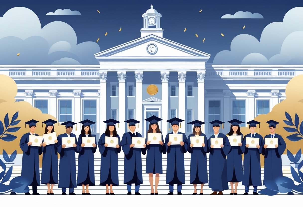 A group of graduates in caps and gowns holding diplomas in front of a university building with educational symbols around them.