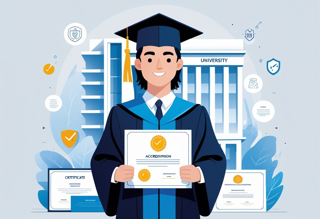 A young adult graduate in cap and gown holding a diploma in front of a university building with accreditation symbols.