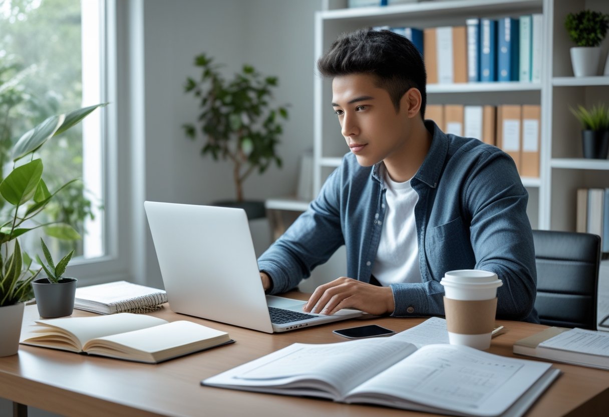 A person studying at a desk with a laptop and books in a bright home office.