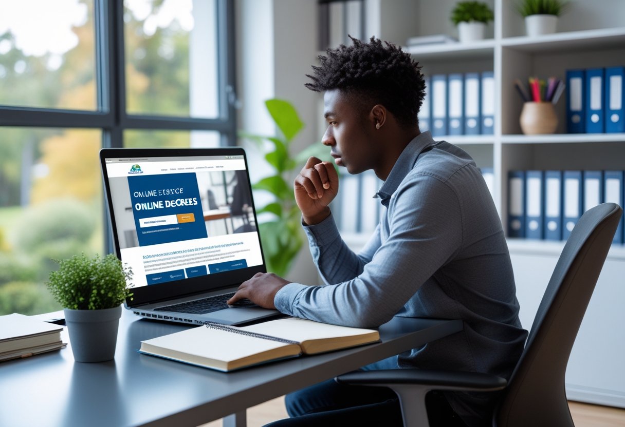A young adult working at a desk with a laptop and notebook in a bright home office with bookshelves and a plant.