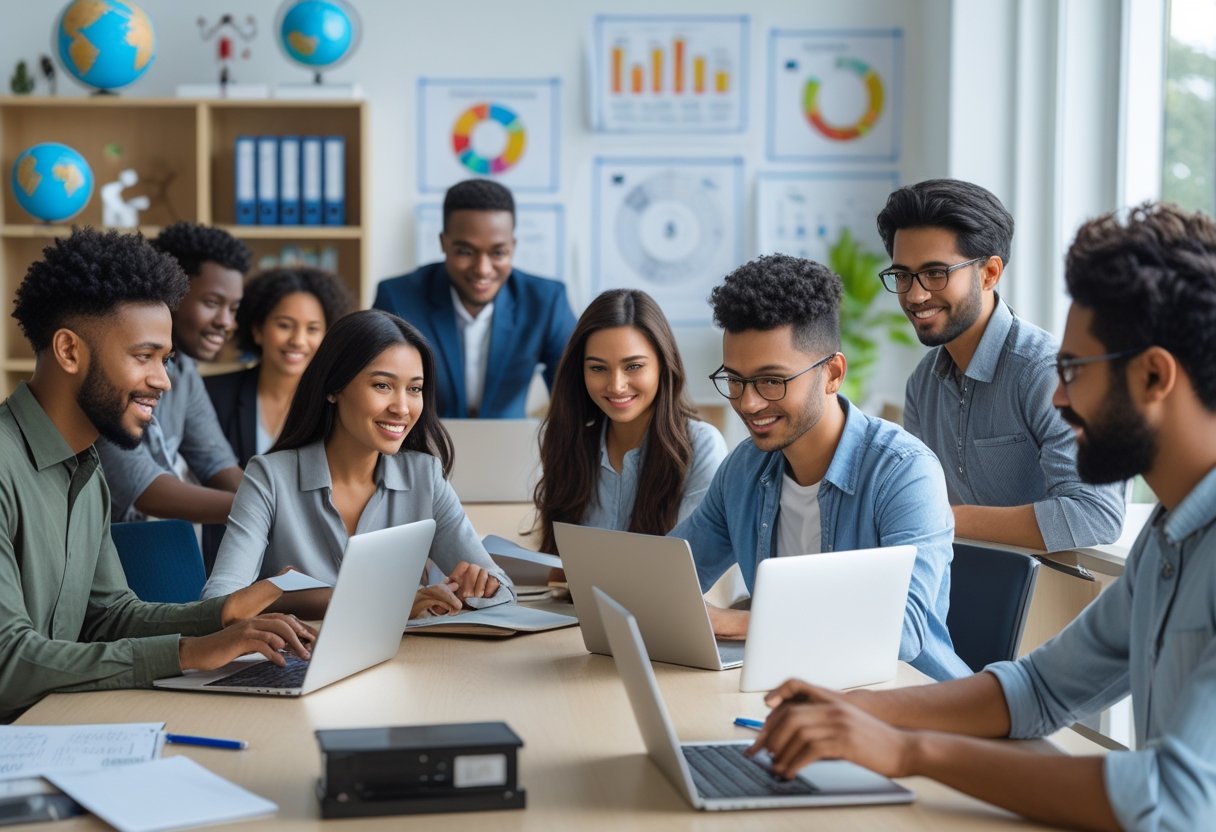 A group of diverse young adults studying online using laptops and tablets in a bright, modern workspace with books and educational materials around them.