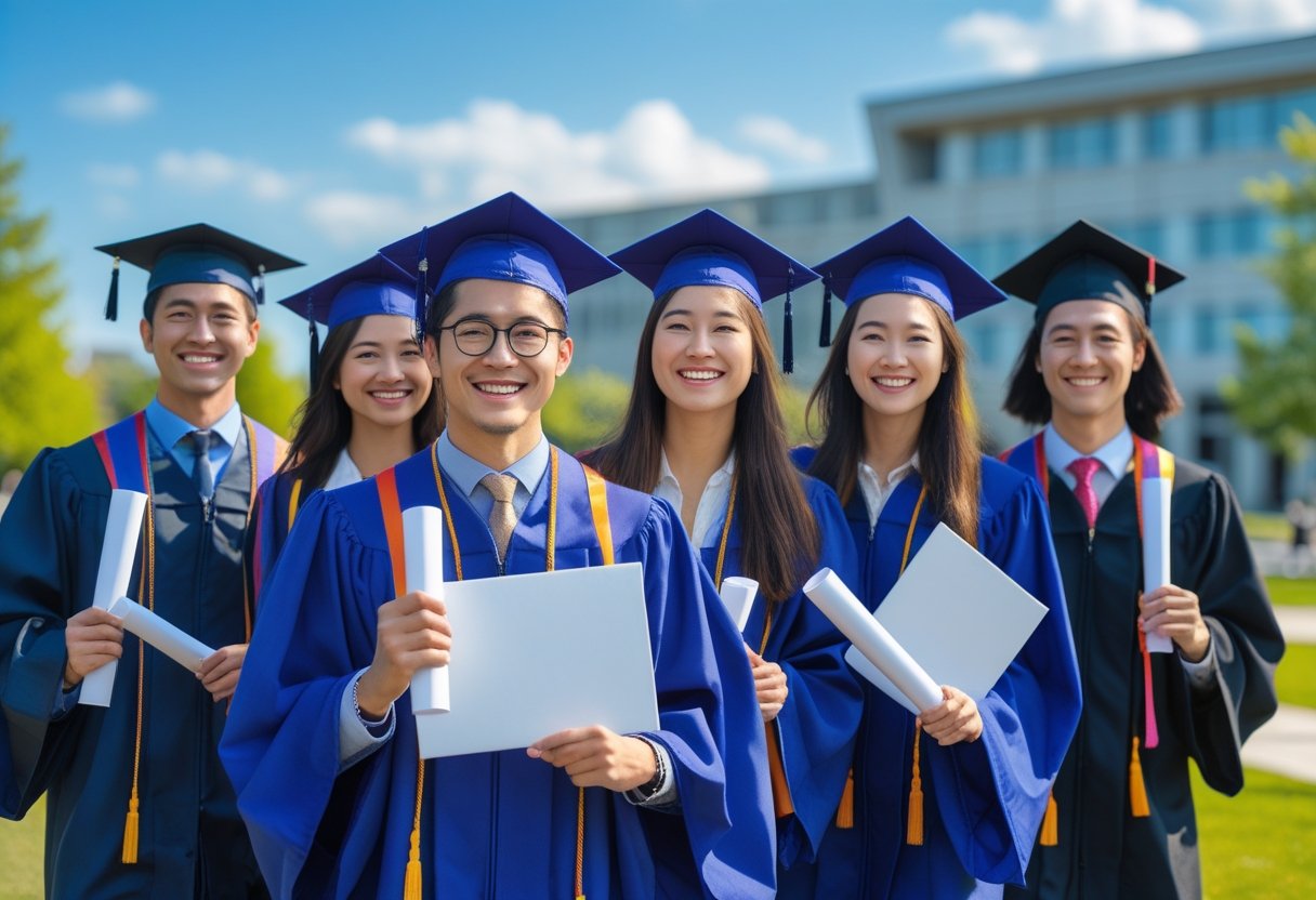A group of graduates wearing gowns and mortarboards holding diplomas outside a university building.