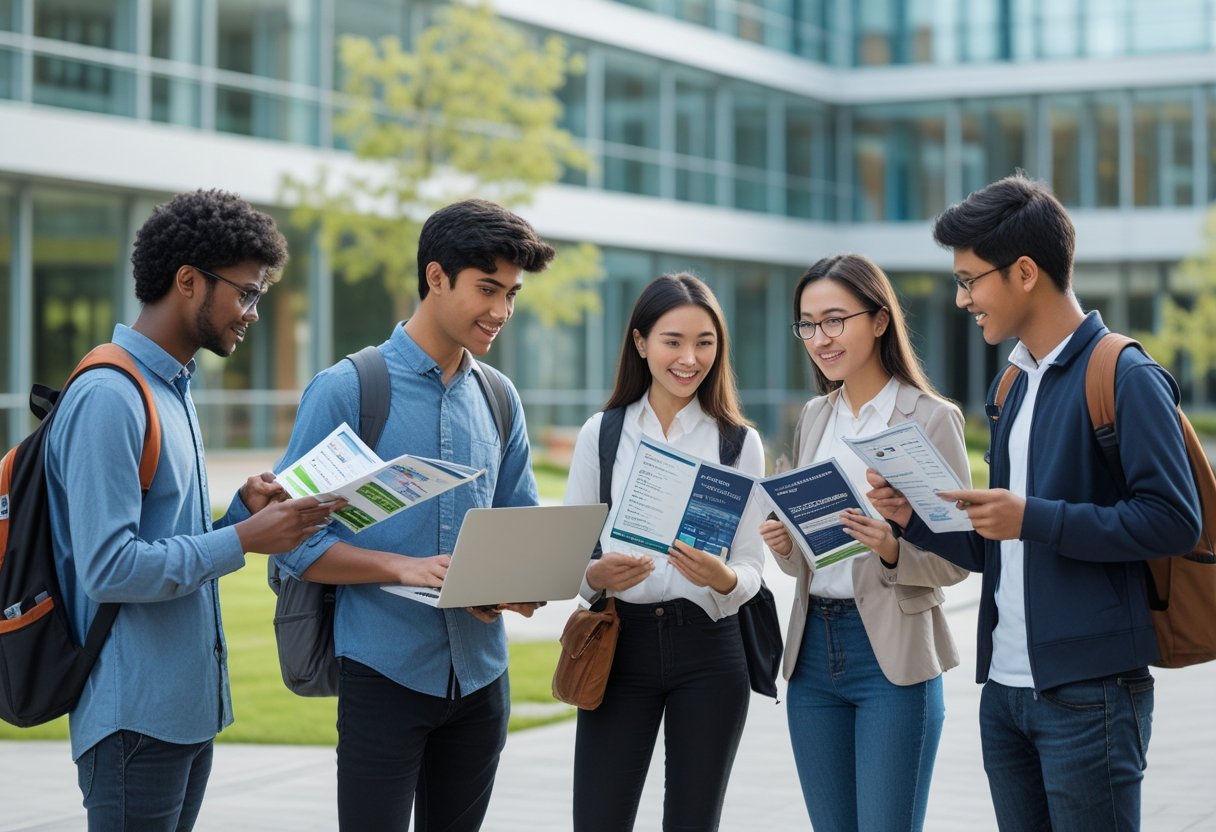 A group of young adults discussing course options outside a modern university building, looking at brochures and a laptop.