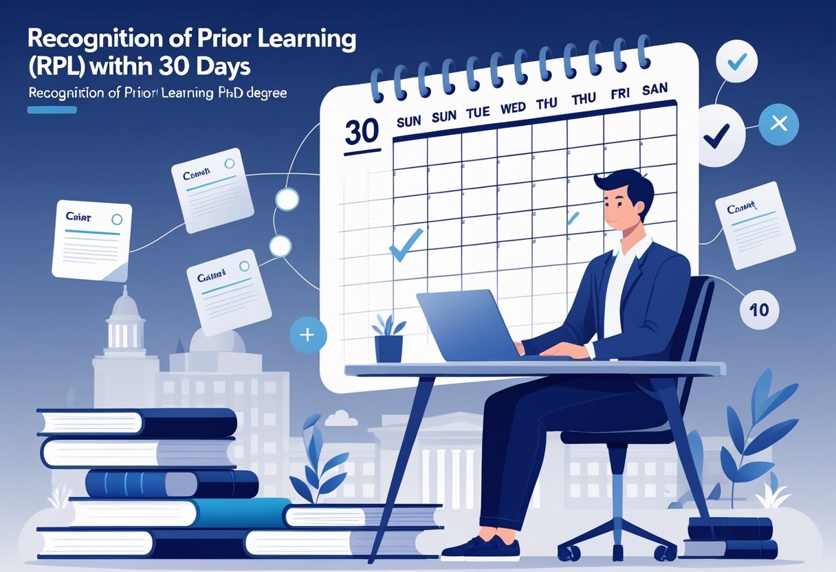 An adult learner working at a desk with a laptop and books, a calendar showing a 30-day period, and icons representing certificates and a graduation cap, with a university building in the background.