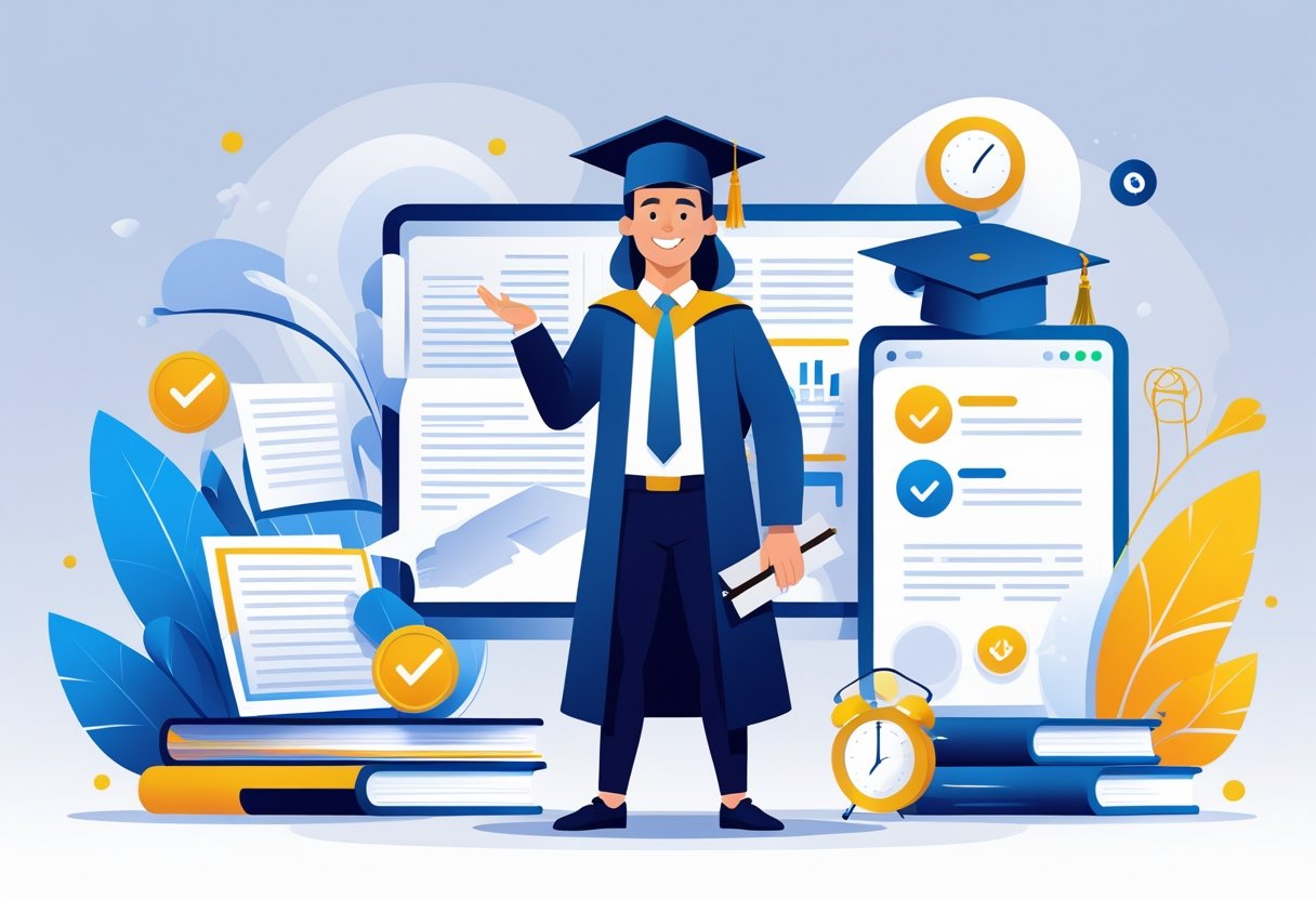 An academic person in graduation attire holding a diploma, surrounded by books, certificates, and icons representing prior learning and a 30-day timeframe, with a university building in the background.