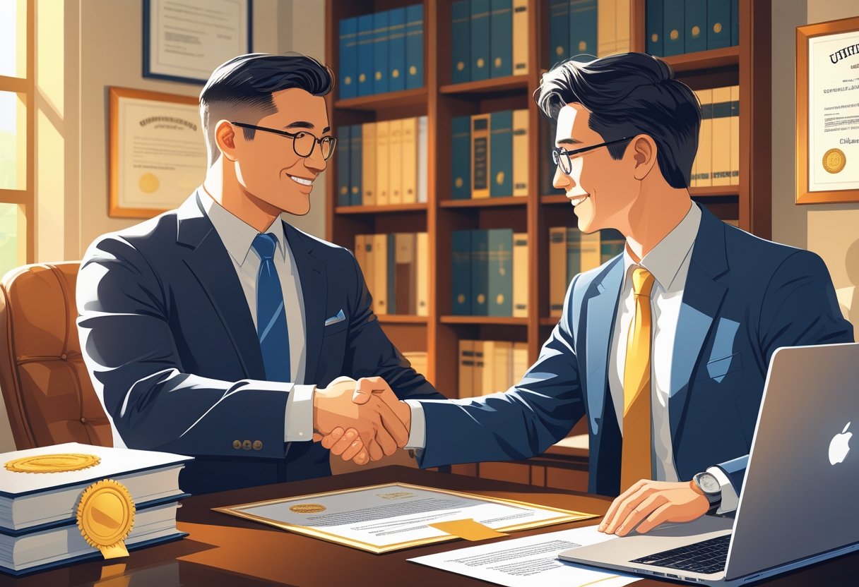 Two people shaking hands across a desk in an office with bookshelves and certificates on the wall.