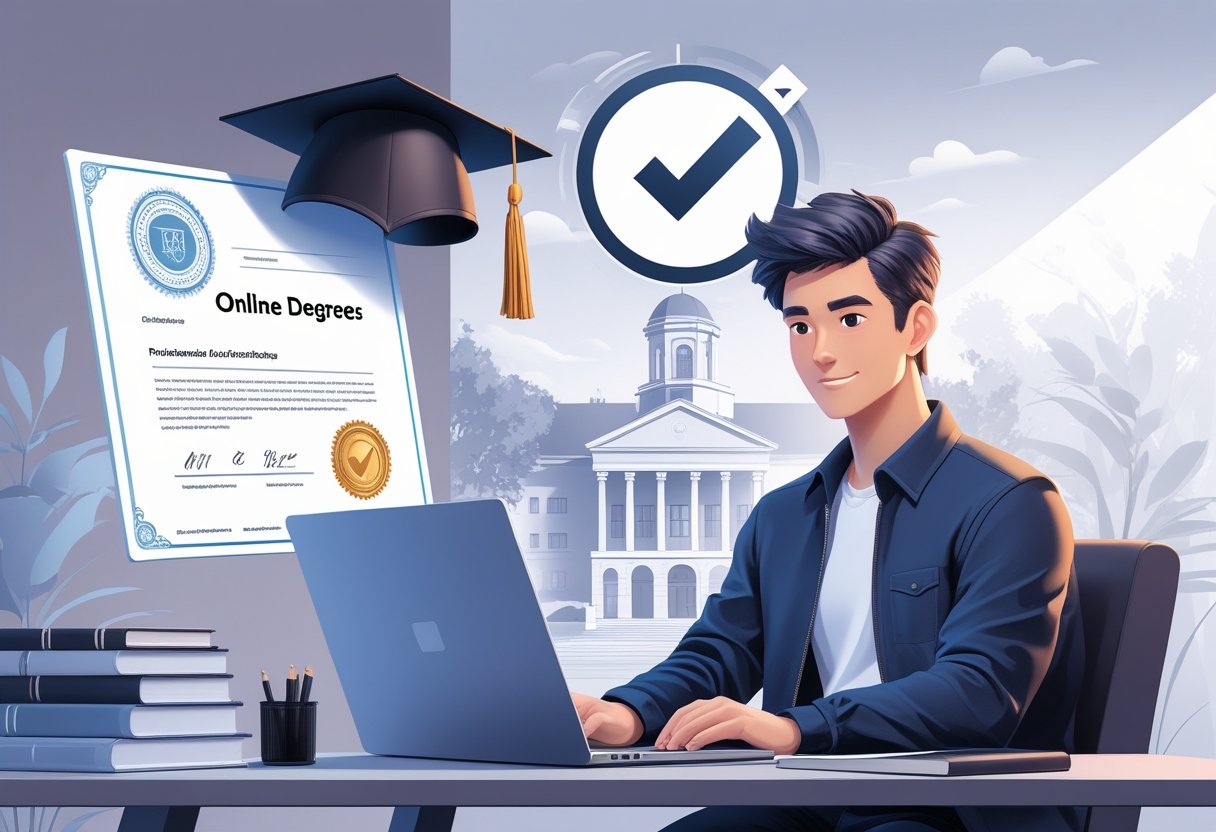 A person sitting at a desk with a laptop, surrounded by a digital certificate, a university building with a checkmark, books, and a graduation cap, symbolising accredited online degrees.