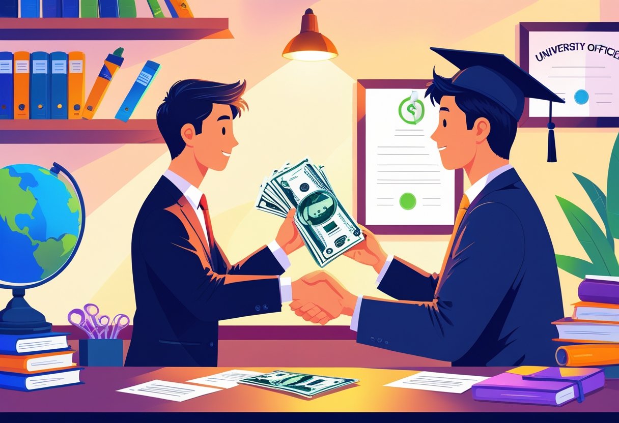 A student hands money to a university official in an academic office, exchanging a diploma in return.