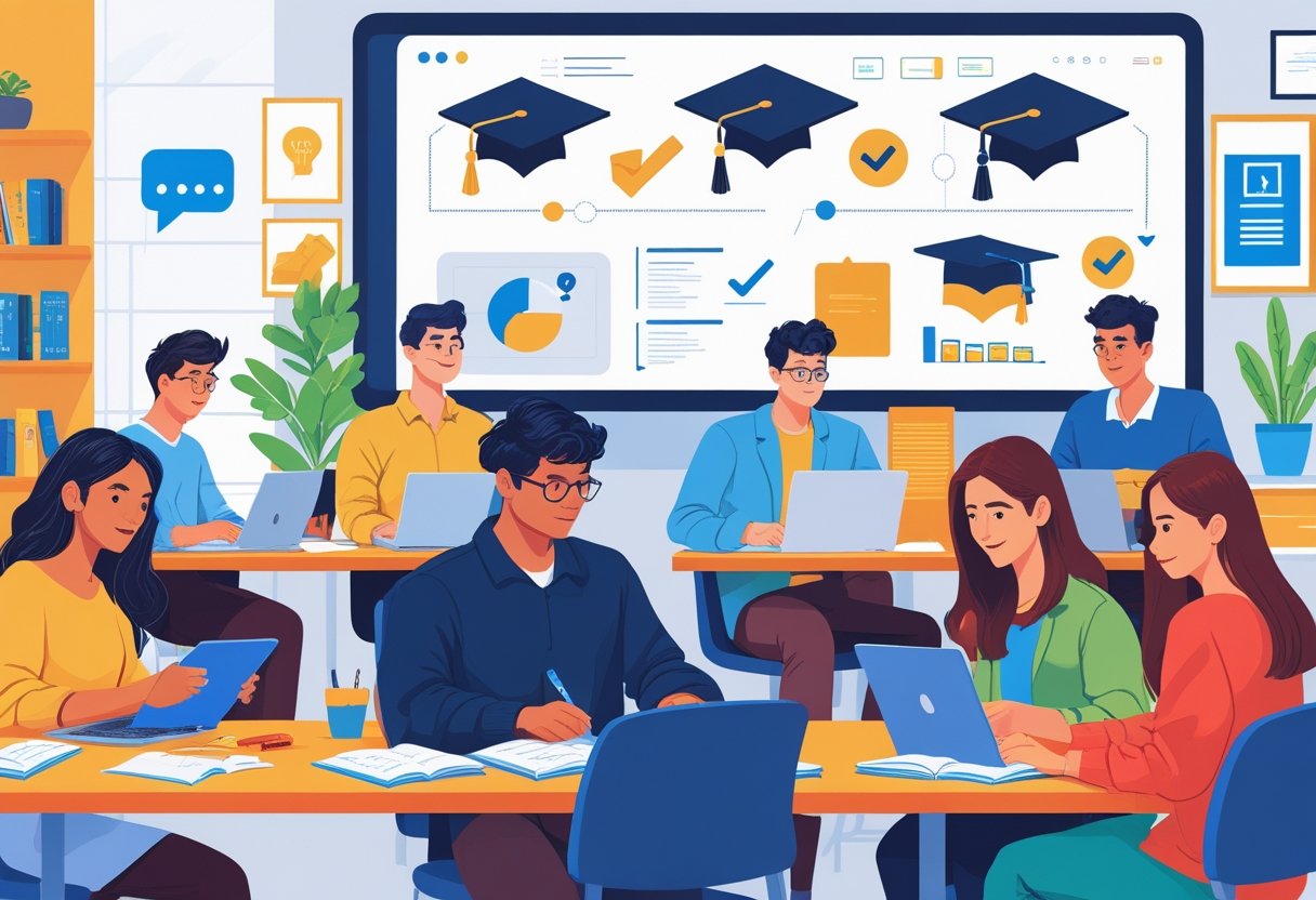 A group of young adults studying online with laptops and tablets in a bright room, surrounded by educational symbols and a large digital screen.