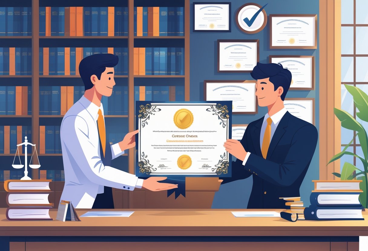 Two people exchanging a diploma in an office with bookshelves and certificates in the background.