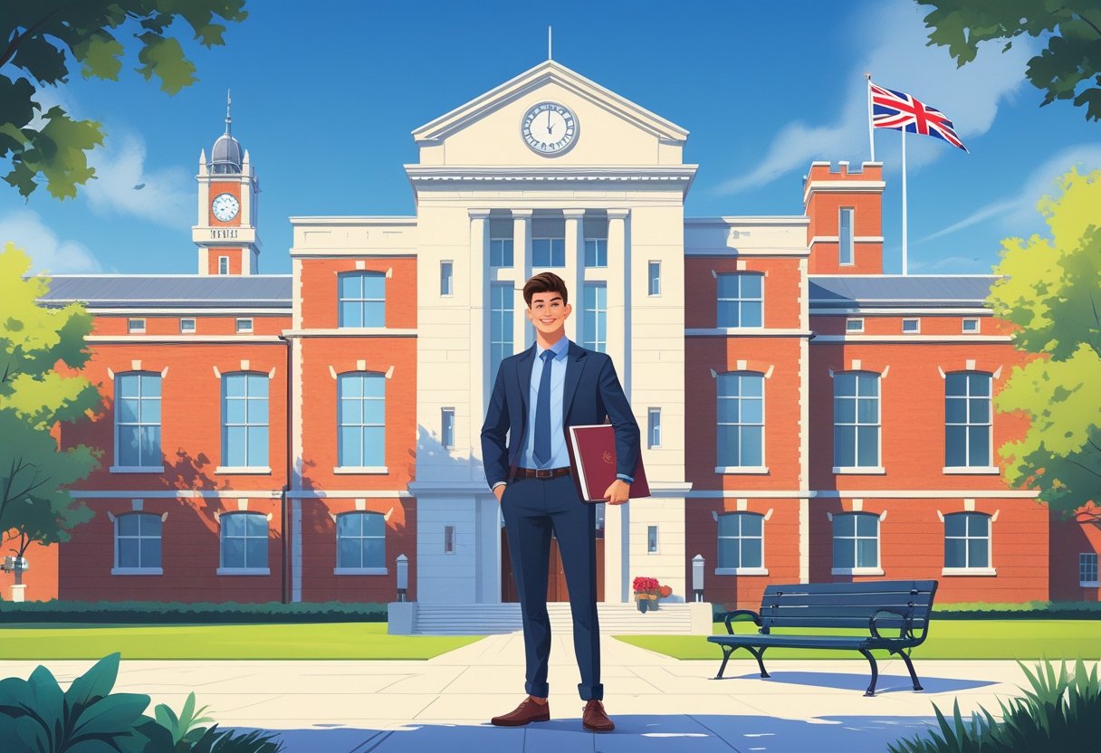 A young adult standing confidently outside a UK university building holding a diploma folder, with books, a graduation cap, and a British flag in the background.