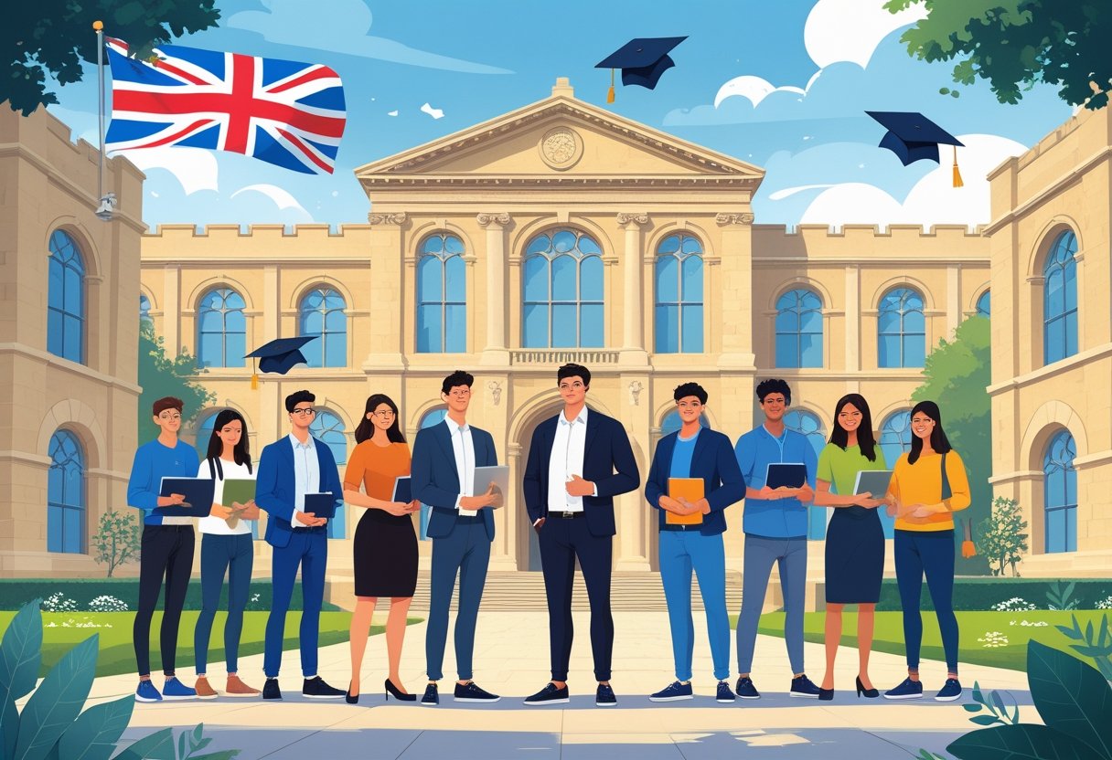 A group of students standing in front of a traditional British university building with educational symbols around them.