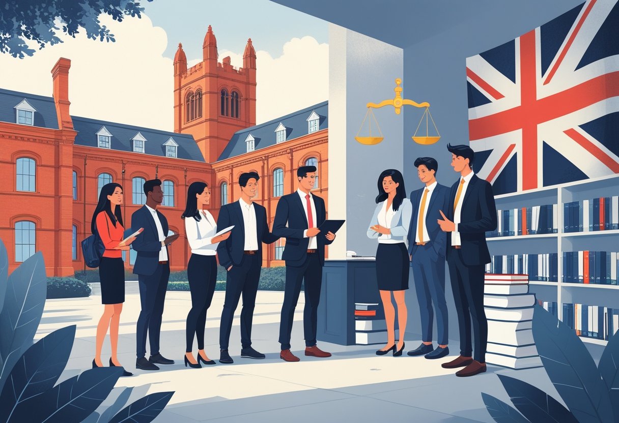 A group of young adults talking with a legal advisor on a British university campus with a justice scale and academic books in the background.