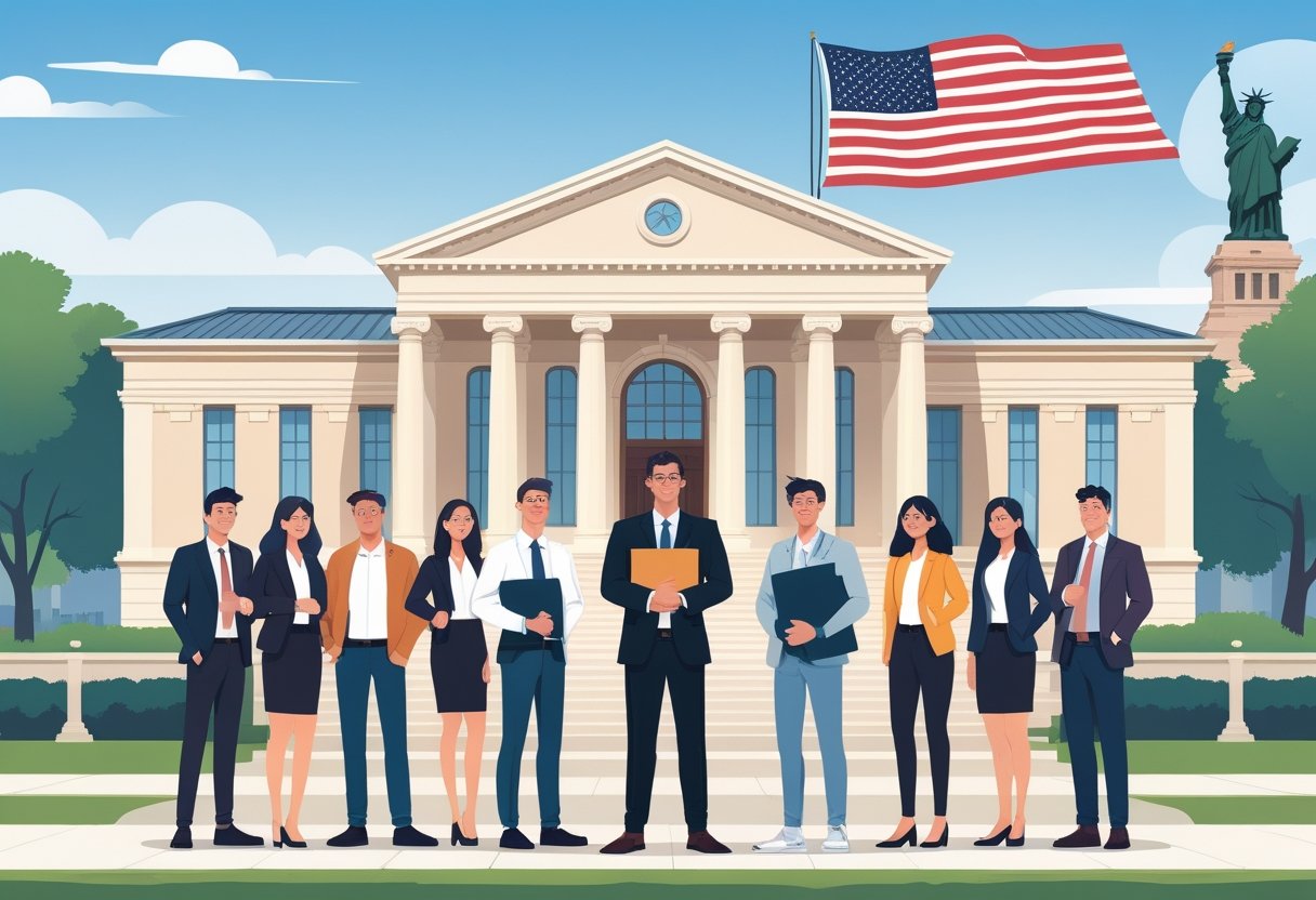A group of diverse young adults standing in front of an American university building, with one holding a diploma folder and the Statue of Liberty visible in the background.