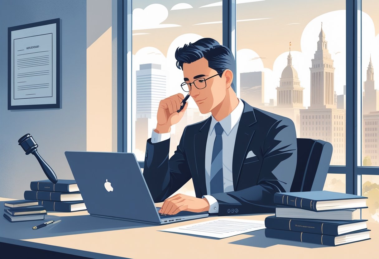 A person sitting at a desk in an office, looking at documents and a laptop, with legal books and a framed diploma nearby, and a cityscape visible through a window.