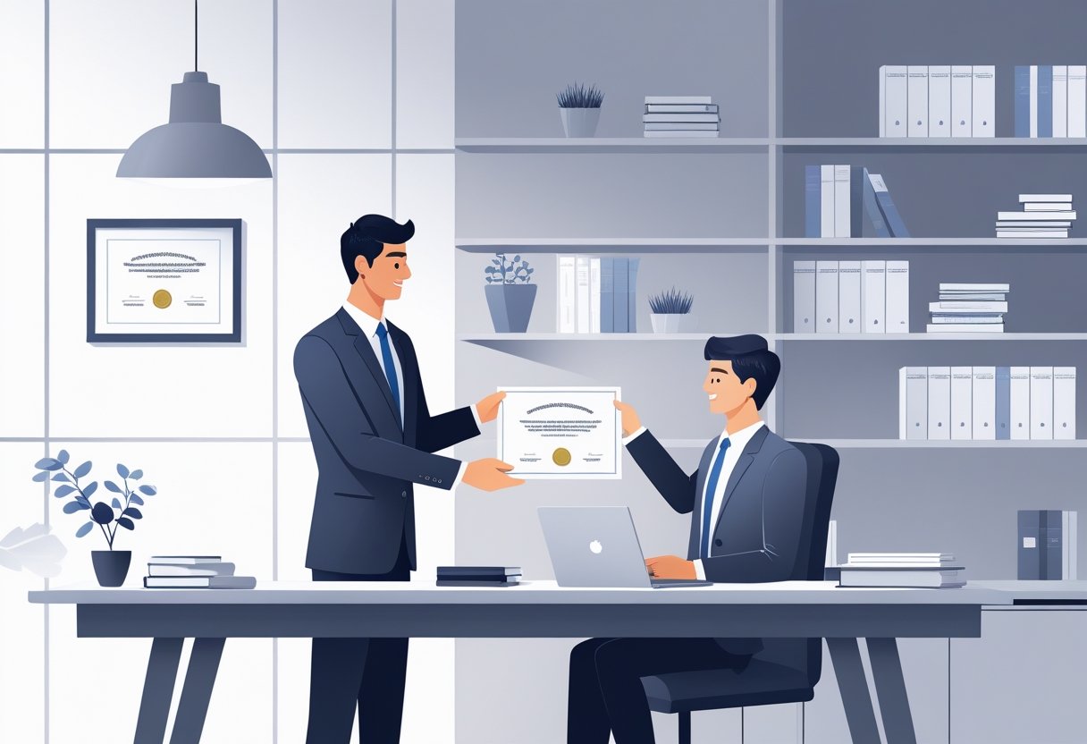 Two people in an office exchanging a certificate across a desk, with books and a diploma frame in the background.