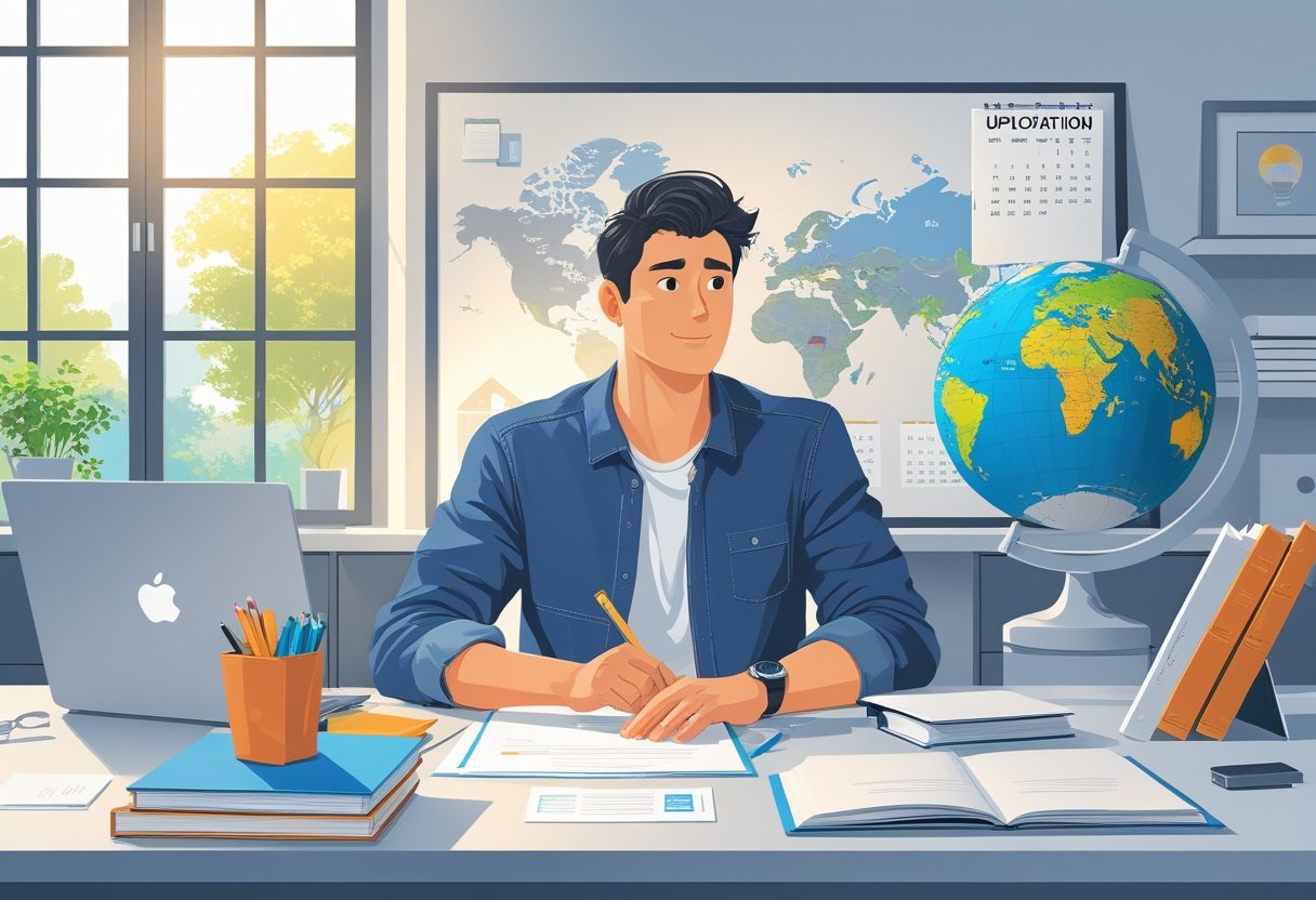 A young adult at a desk surrounded by books, a laptop, and a globe, thoughtfully researching educational options in a bright study room.