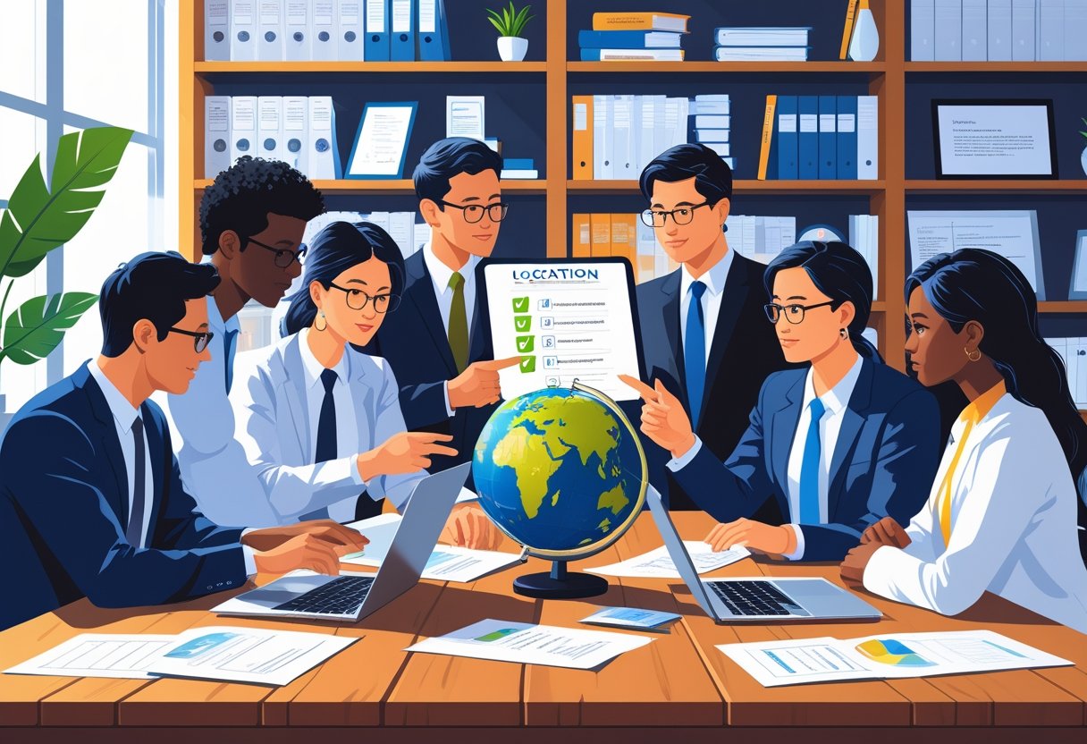 People in an office discussing documents and a digital tablet with a globe on the table, surrounded by bookshelves with academic books and certificates.