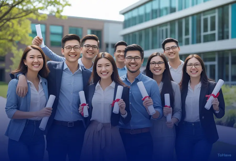 A group of young adults holding diplomas and smiling outside a university building.