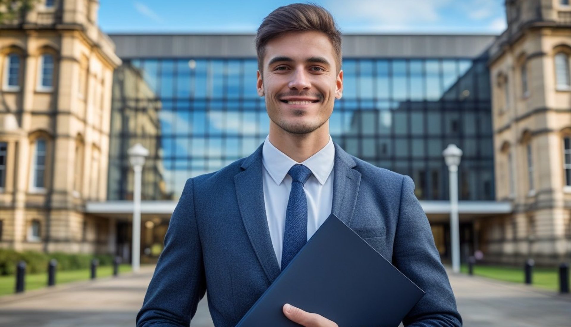Get a real degree - A young man holding a diploma folder standing outside a modern university building in the UK.